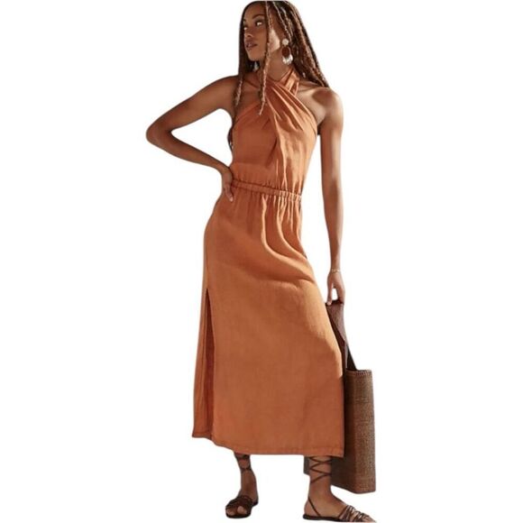 Anthropologie Cloth & Stone Burnt Orange Halter Linen Maxi Dress Size S NWT - Picture 1 of 12